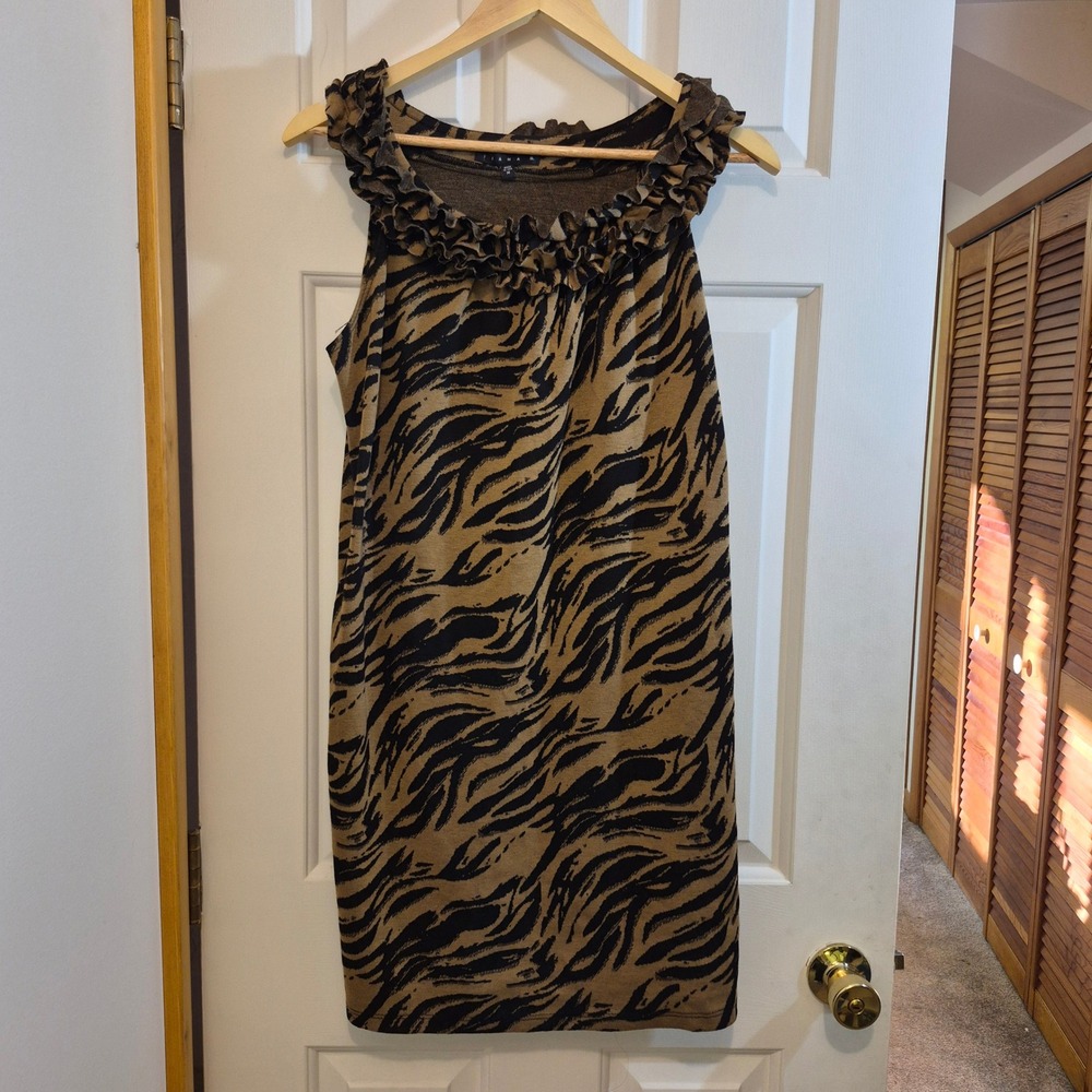 Tiana B Womens Tiger Print Ruffle Neck Sleeveless Shift Dress Brown Black Size M